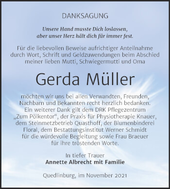 Traueranzeige von Gerda Müller von Trauerkombi Quedlinburg