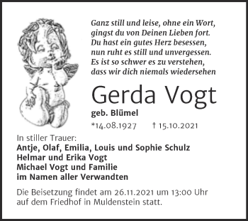 Traueranzeige von Gerda Vogt von Mitteldeutsche Zeitung Bitterfeld