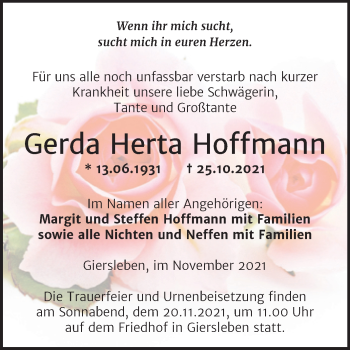 Traueranzeige von Gerda Herta Hoffmann von Trauerkombi Aschersleben