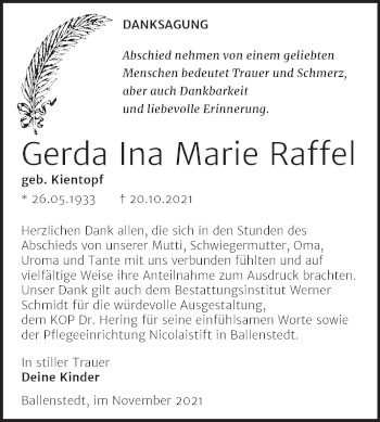 Traueranzeige von Gerda Ina Marie Raffel von Trauerkombi Quedlinburg