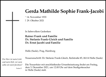 Traueranzeige von Gerda Mathilde Sophie Frank-Jacobi von Mitteldeutsche Zeitung Halle/Saalkreis