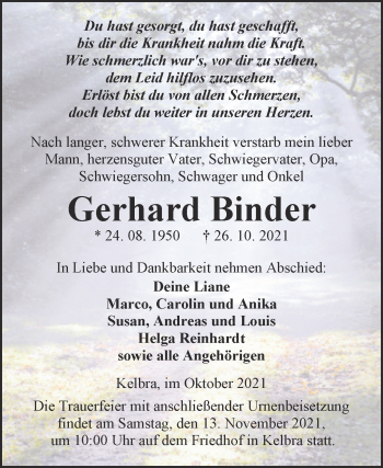 Traueranzeige von Gerhard Binder von Trauerkombi Sangerhausen