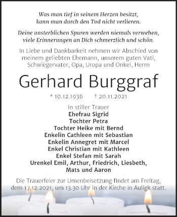 Traueranzeige von Gerhard Burggraf von Trauerkombi Zeitz