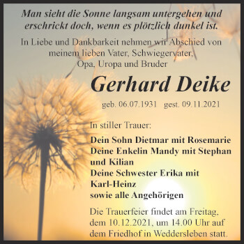 Traueranzeige von Gerhard Deike von Trauerkombi Quedlinburg