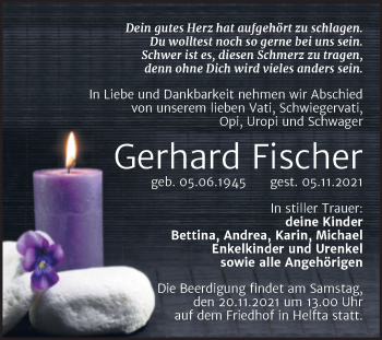 Traueranzeige von Gerhard Fischer von Trauerkombi Mansfelder Land