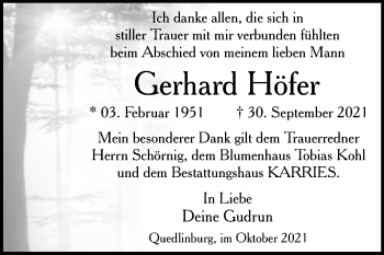 Traueranzeige von Gerhard Höfer von Trauerkombi Quedlinburg