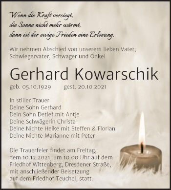 Traueranzeige von Gerhard Kowarschik von Trauerkombi Wittenberg