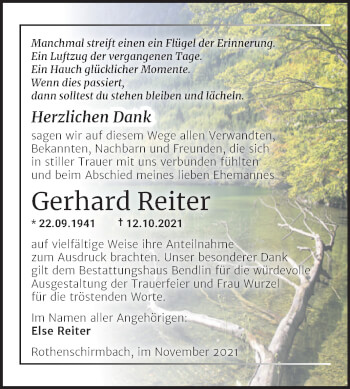 Traueranzeige von Gerhard Reiter von Trauerkombi Mansfelder Land