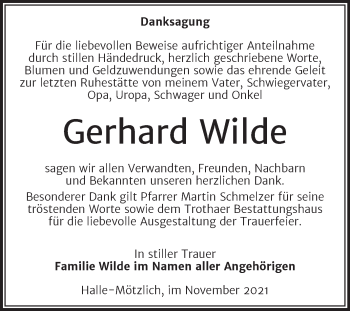 Traueranzeige von Gerhard Wilde von Mitteldeutsche Zeitung Halle/Saalkreis