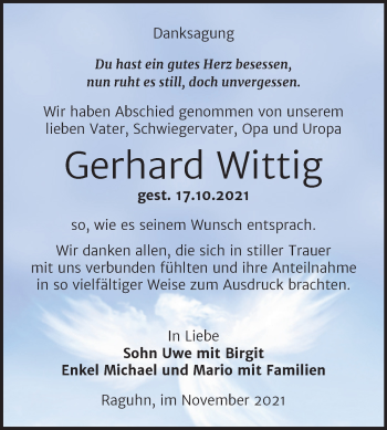 Traueranzeige von Gerhard Wittig von Trauerkombi Bitterfeld