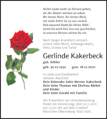 Traueranzeige von Gerlinde Kakerbeck von Trauerkombi Merseburg