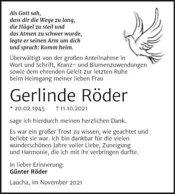 Traueranzeige von Gerlinde Röder von Wochenspiegel Naumburg/Nebra