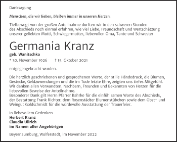 Traueranzeige von Germania Kranz von Trauerkombi Sangerhausen