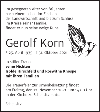 Traueranzeige von Gerolf Korn von Naumburger Tageblatt