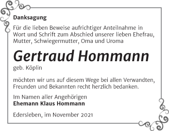 Traueranzeige von Gertraud Hommann von Super Sonntag Sangerhausen