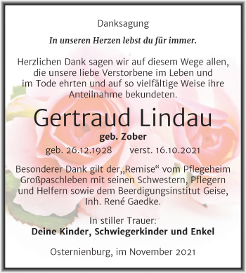 Traueranzeige von Gertraud Lindau von Trauerkombi Köthen