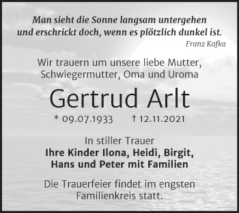 Traueranzeige von Gertrud Arlt von Trauerkombi Bernburg