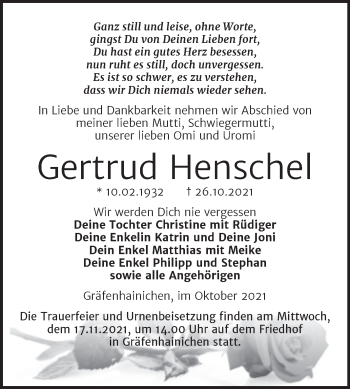 Traueranzeige von Gertrud Henschel von Trauerkombi Wittenberg