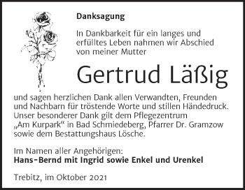 Traueranzeige von Gertrud Läßig von Trauerkombi Wittenberg