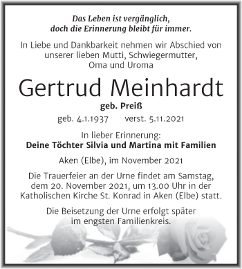 Traueranzeige von Gertrud Meinhardt von Trauerkombi Köthen