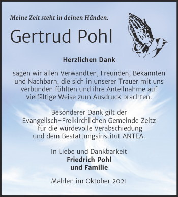 Traueranzeige von Gertrud Pohl von Trauerkombi Zeitz