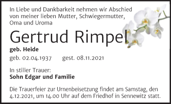 Traueranzeige von Gertrud Rimpel von Mitteldeutsche Zeitung Halle/Saalkreis