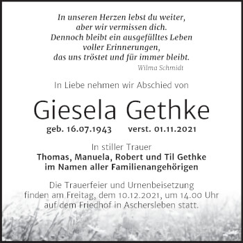 Traueranzeige von Giesela Gethke von Trauerkombi Aschersleben