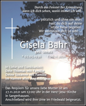 Traueranzeige von Gisela Bahr von Trauerkombi Sangerhausen