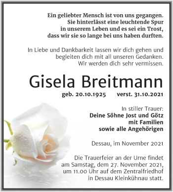 Traueranzeige von Gisela Breitmann von Trauerkombi Dessau