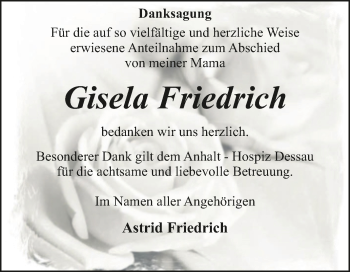 Traueranzeige von Gisela Friedrich von Trauerkombi Dessau