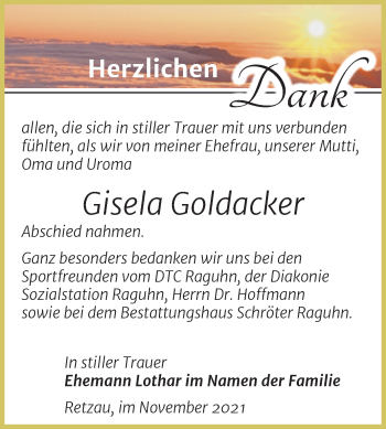 Traueranzeige von Gisela Goldacker von Trauerkombi Bitterfeld