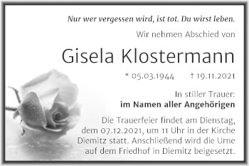 Traueranzeige von Gisela Klostermann von Mitteldeutsche Zeitung Halle/Saalkreis