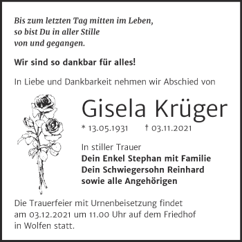 Traueranzeige von Gisela Krüger von Trauerkombi Bitterfeld
