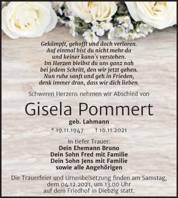 Traueranzeige von Gisela Pommert von Trauerkombi Köthen