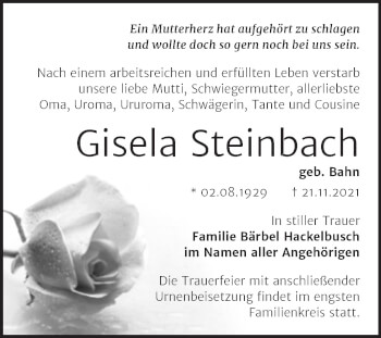 Traueranzeige von Gisela Steinbach von Trauerkombi Bernburg
