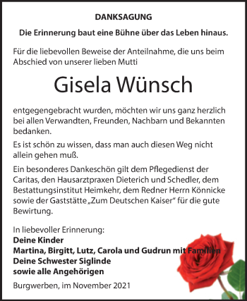 Traueranzeige von Gisela Wünsch von Trauerkombi Weißenfels