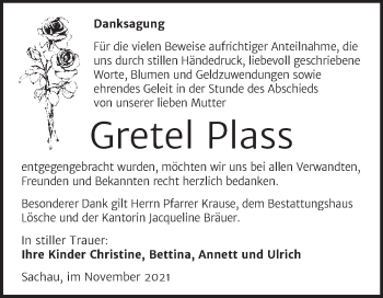 Traueranzeige von Gretel Plass von Trauerkombi Wittenberg
