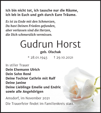 Traueranzeige von Gudrun Horst von Trauerkombi Mansfelder Land