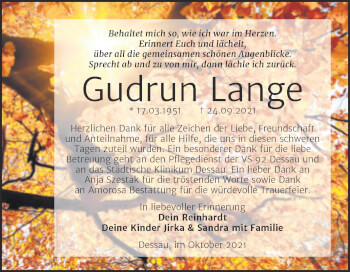 Traueranzeige von Gudrun Lange von Trauerkombi Dessau