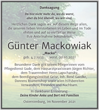 Traueranzeige von Günter Mackowiak von Trauerkombi Köthen