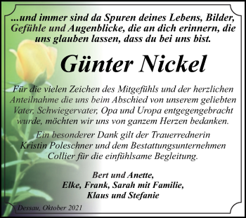 Traueranzeige von Günter Nickel von Trauerkombi Dessau