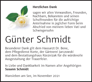 Traueranzeige von Günter Schmidt von Trauerkombi Mansfelder Land