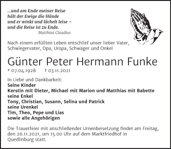 Traueranzeige von Günter Peter Hermann Funke von Trauerkombi Quedlinburg