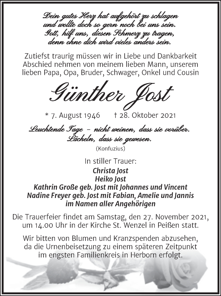  Traueranzeige für Günther Jost vom 13.11.2021 aus Mitteldeutsche Zeitung Halle/Saalkreis