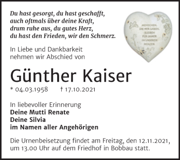 Traueranzeige von Günther Kaiser von Trauerkombi Bitterfeld