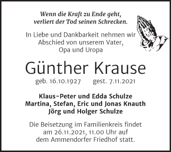 Traueranzeige von Günther Krause von Mitteldeutsche Zeitung Halle/Saalkreis