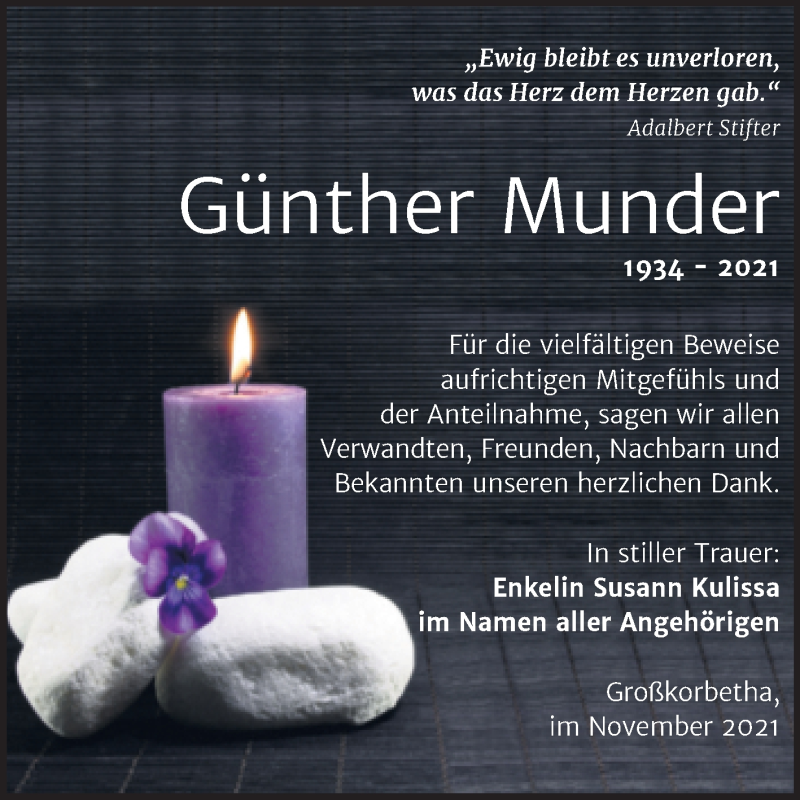  Traueranzeige für Günther Munder vom 13.11.2021 aus Trauerkombi Weißenfels