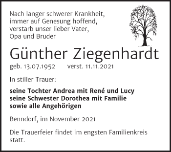 Traueranzeige von Günther Ziegenhardt von Trauerkombi Mansfelder Land