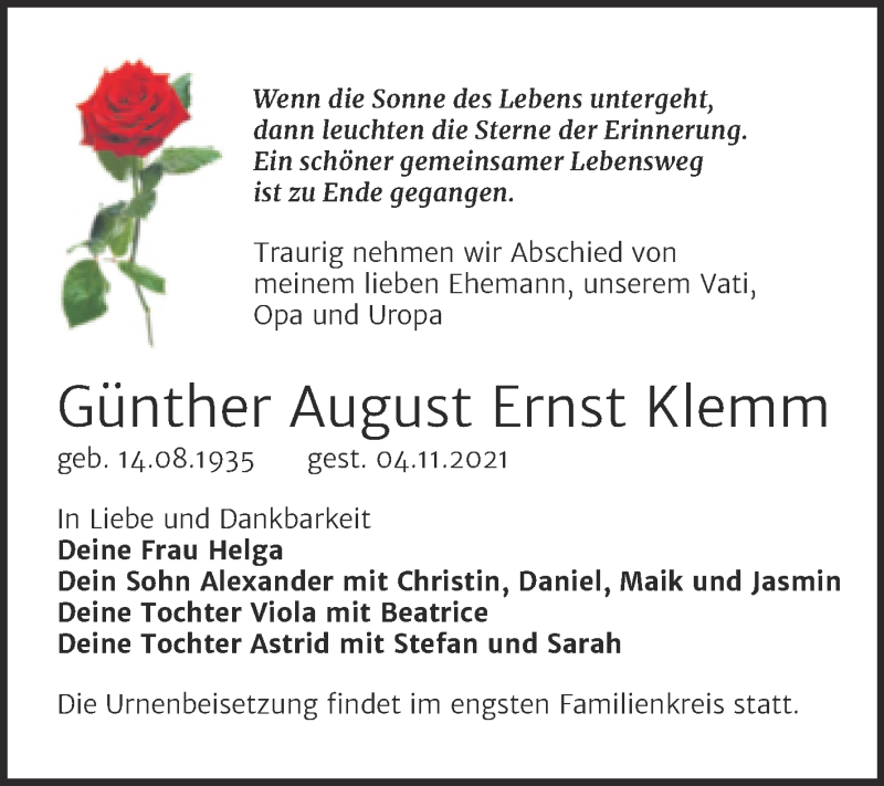  Traueranzeige für Günther August Ernst Klemm vom 13.11.2021 aus Trauerkombi Dessau