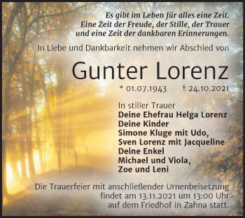 Traueranzeige von Gunter Lorenz von Super Sonntag Wittenberg